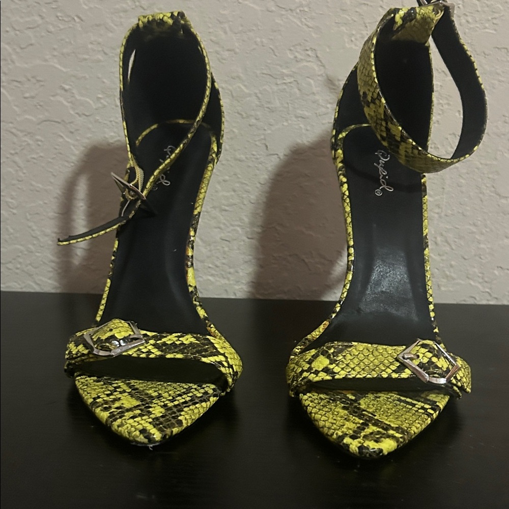 Yellow Snake-Print Ankle Strap Heels - Women